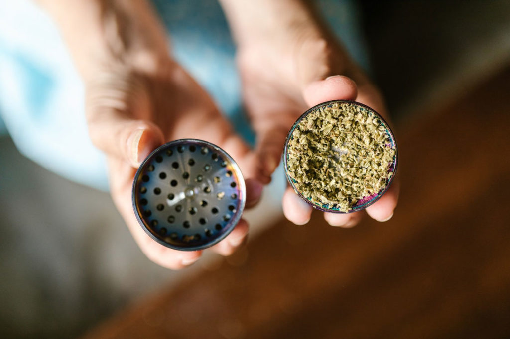 Hands holding an open grinder full of weed 